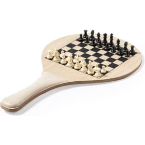 A wooden paddle-shaped chessboard featuring black and white chess pieces on a checkered surface.