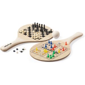 Two wooden beach rackets featuring a chess board on one side and a board game layout with coloured pieces on the other.
