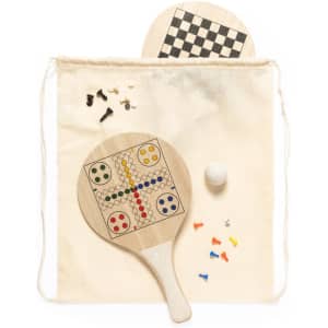 A set of wooden beach rackets, featuring multicoloured designs, a ball, and various game pieces in a cotton bag.