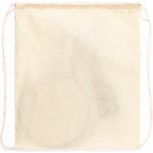 A beige drawstring bag containing beach rackets, featuring a logo on the front.