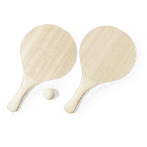 Beach rackets made of light wood with a small ball, arranged side by side on a white background.