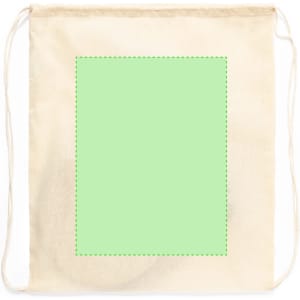 A cream drawstring bag with a plain green design area in the centre and no visible branding.