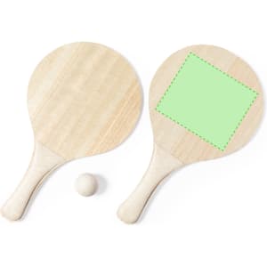 Two wooden beach rackets with a round shape, accompanied by a small ball, featuring one racket with a green outline.