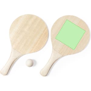 Two wooden beach rackets in natural colour, featuring a round paddle shape, paired with a small ball.