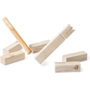 A set of wooden blocks in various shapes, including a cylindrical piece and rectangular blocks, all in a light wood colour.