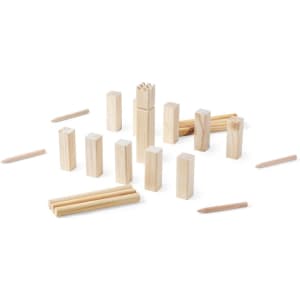 A collection of wooden blocks in various shapes and sizes, arranged on a surface, with some wooden sticks nearby.