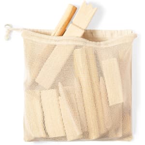 A mesh storage bag containing wooden blocks and two larger wooden pieces, all in natural wood colour.