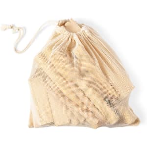 A beige mesh bag containing wooden game pieces, tied at the top with a drawstring.