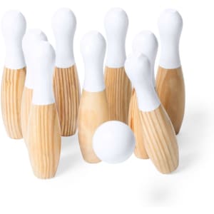 A set of wooden skittles with white tops, featuring ten pins and a white ball, arranged for a bowling game.