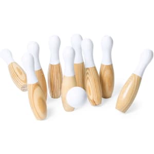 Ten wooden skittles in natural wood and white, with a small white bowling ball. Includes a logo on one skittle.