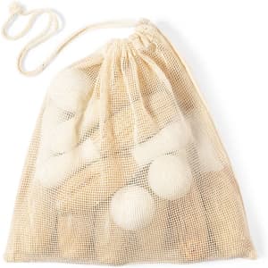 A mesh bag containing several white skittle-shaped pieces. The bag is tied at the top with a drawstring.
