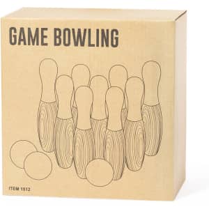A brown cardboard box containing ten skittle pins and two bowling balls, with a simple outline design.