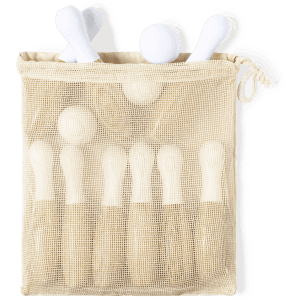A set of white skittles arranged in a beige mesh bag, designed for games and recreational activities.