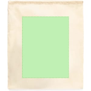 A cream-coloured canvas bag featuring a blank green square area. The bag has an unembellished design and a logo.