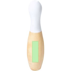 A wooden skittle with a white top and a natural finish, featuring a blank green section for customisation.
