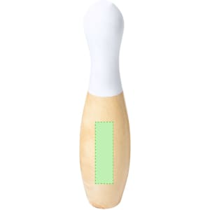 A wooden skittle with a white top and natural wood finish, featuring an unmarked green section for customization.