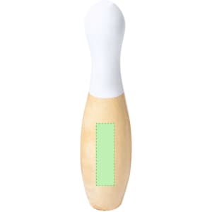 A wooden skittle with a white top and a natural wooden base, featuring a blank section.