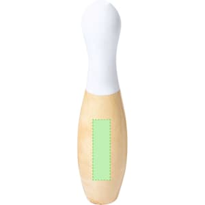 A wooden skittle with a smooth white top and a natural wood finish, featuring a logo in a green rectangle.