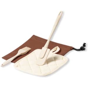 A kitchen set with a cream spatula, a wooden brush, and a brown storage pouch. Suitable for BBQ use.