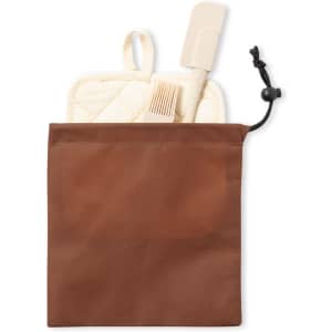 A brown pouch containing a beige spatula, a basting brush, and a pot holder. The pouch has a drawstring closure and a logo.