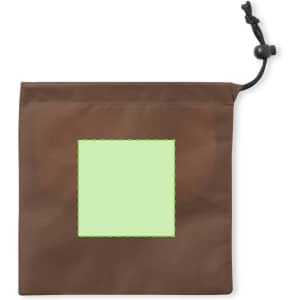 A brown pouch with a green square area, featuring a drawstring closure.