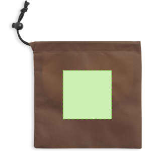 A brown pouch with a drawstring closure and a light green square patch in the centre.