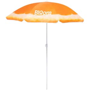 An orange beach umbrella with a white and orange gradient and a logo on the canopy. It has a white pole.