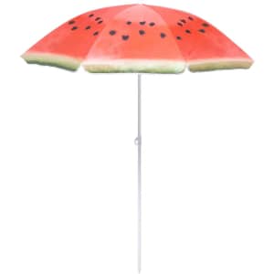 A beach umbrella designed with a vibrant watermelon pattern, featuring shades of red, green, and black, with a white pole.