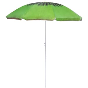 A green beach umbrella with a light design and a white pole. It features a simple, circular shape.