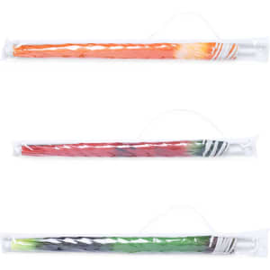 Three beach umbrellas are displayed, featuring orange, red, and green colour patterns, each packaged individually with a logo.