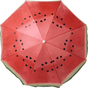 A beach umbrella featuring a vibrant watermelon design with red and green colours and black seed accents.