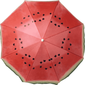 A red beach umbrella featuring a watermelon design with black seeds and a central opening mechanism.