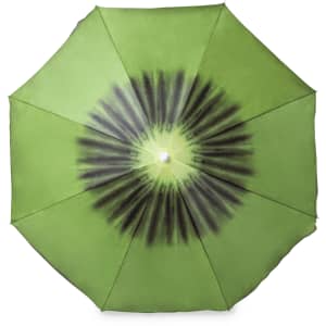A green beach umbrella with a spiral pattern, featuring a central button and a logo.