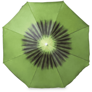 A green beach umbrella with a radial pattern featuring darker shades towards the centre. It has a central pole and a logo.