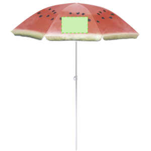 A beach umbrella featuring a vibrant watermelon design with a white pole and a blank area for branding.