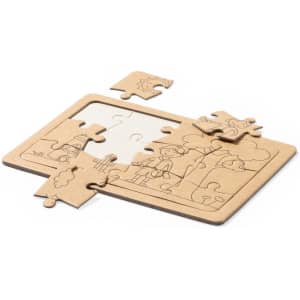 A jigsaw puzzle set featuring wooden pieces with a nature scene, in a natural wood colour.