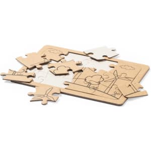 A puzzle set featuring wooden pieces in natural tones, depicting a landscape with clouds and wind turbines.