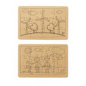 A jigsaw puzzle set featuring two scenes: one with wind turbines and trees, and another with children and a sun. Natural tones.