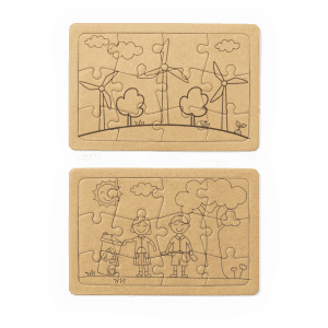 A jigsaw puzzle set featuring two designs: wind turbines and a sunny day scene, in natural brown cardboard.