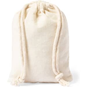 A cream drawstring bag made of canvas material, featuring rope closures. It has a simple and minimalistic design.