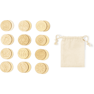 A set of wooden game tokens featuring various nature designs, alongside a small drawstring bag for storage.