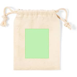 A cream-coloured drawstring bag made of fabric, featuring a green blank area on the front.