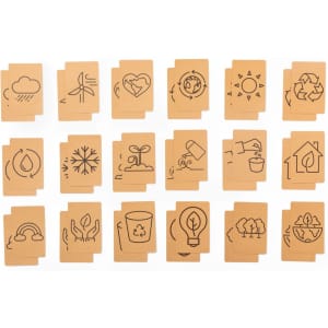 A set of brown cards with various eco-themed illustrations, including symbols of nature, recycling, and water.