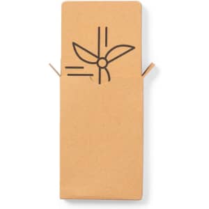 A brown cardboard box featuring a simple graphic design. The box is flat and folding at the sides.
