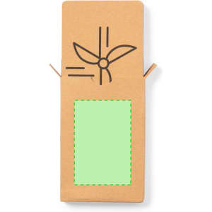 A cardboard box with a propeller design and a blank green area for customisation. It has a logo on the front.