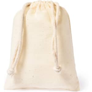 A cream drawstring bag made of fabric, featuring a natural, unbleached appearance. It has two rope pulls at the top.