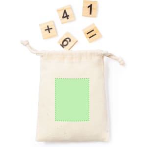 A beige drawstring bag with wooden tiles featuring numbers and symbols floating above it.