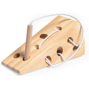 A wooden skill game in a triangular shape, featuring holes and a threaded stick with a white cord.