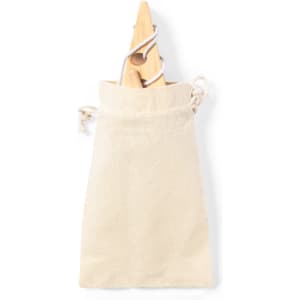 A cream-coloured canvas bag containing a wooden game piece, tied with a cord at the top.