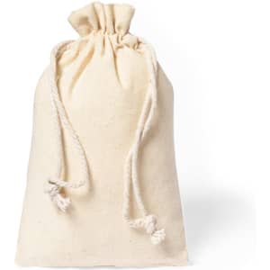 A drawstring bag in natural colour made from cotton fabric, featuring a gathered top and two decorative ties.